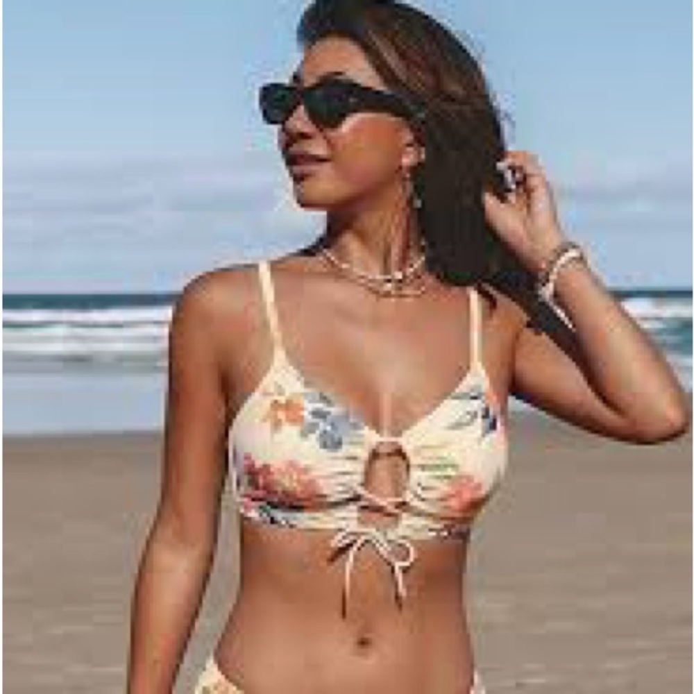 Floral Cream Lace-Up Bralette Bikini Top Cupshe Size Small‎